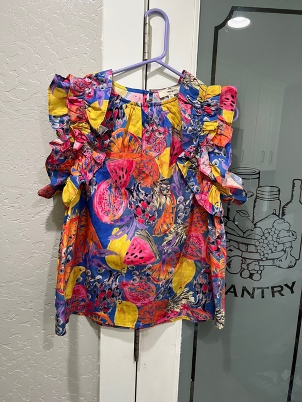 entro Bright Pink Yellow Blue Tropical Ruffle Sleeve Blouse